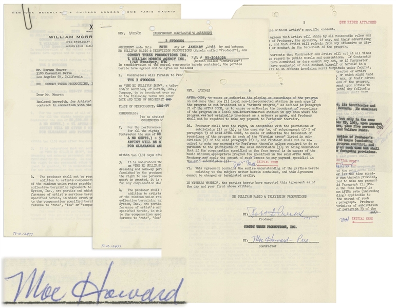 Moe Howard Signed Agreement From January 1963 for The Three Stooges to Appear on The Ed Sullivan Show -- Also Initialed Several Times by Moe -- 6pp. Measures 8.5 x 11, Plus Rider -- Very Good